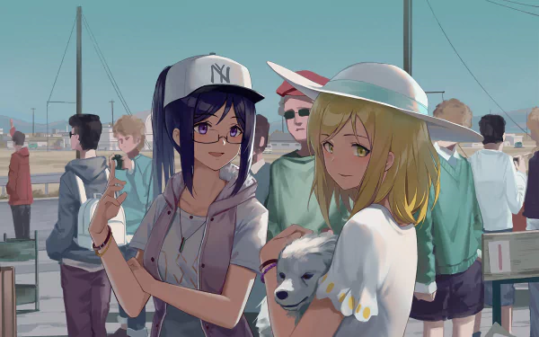 HD PC desktop wallpaper featuring Mari Ohara and Kanan Matsuura from the anime Love Live! Sunshine!!, set in a lively harbor scene with detailed background characters.