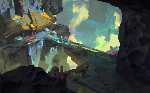 HD wallpaper depicting an astronaut exploring an otherworldly cavern with a surreal and colorful landscape.