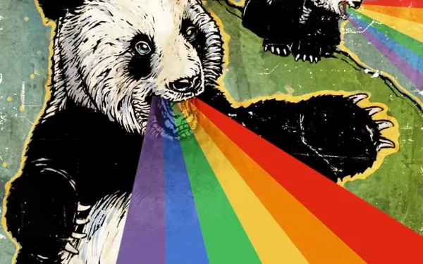 HD wallpaper of a funny panda bear with a rainbow coming out of its mouth, creating a colorful and whimsical background.