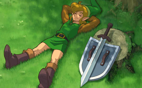 Video game HD PC desktop wallpaper of Link from The Legend of Zelda: A Link to the Past reclining on grass with his sword and shield beside him.
