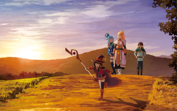 HD wallpaper featuring Kazuma Satou, Darkness, Aqua, and Megumin from the anime KonoSuba - God's blessing on this wonderful world!!, set against a vibrant sunset landscape.