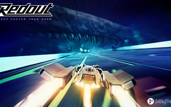 HD desktop wallpaper of Redout: Enhanced Edition featuring a high-speed futuristic racing ship zooming through a neon-lit track.