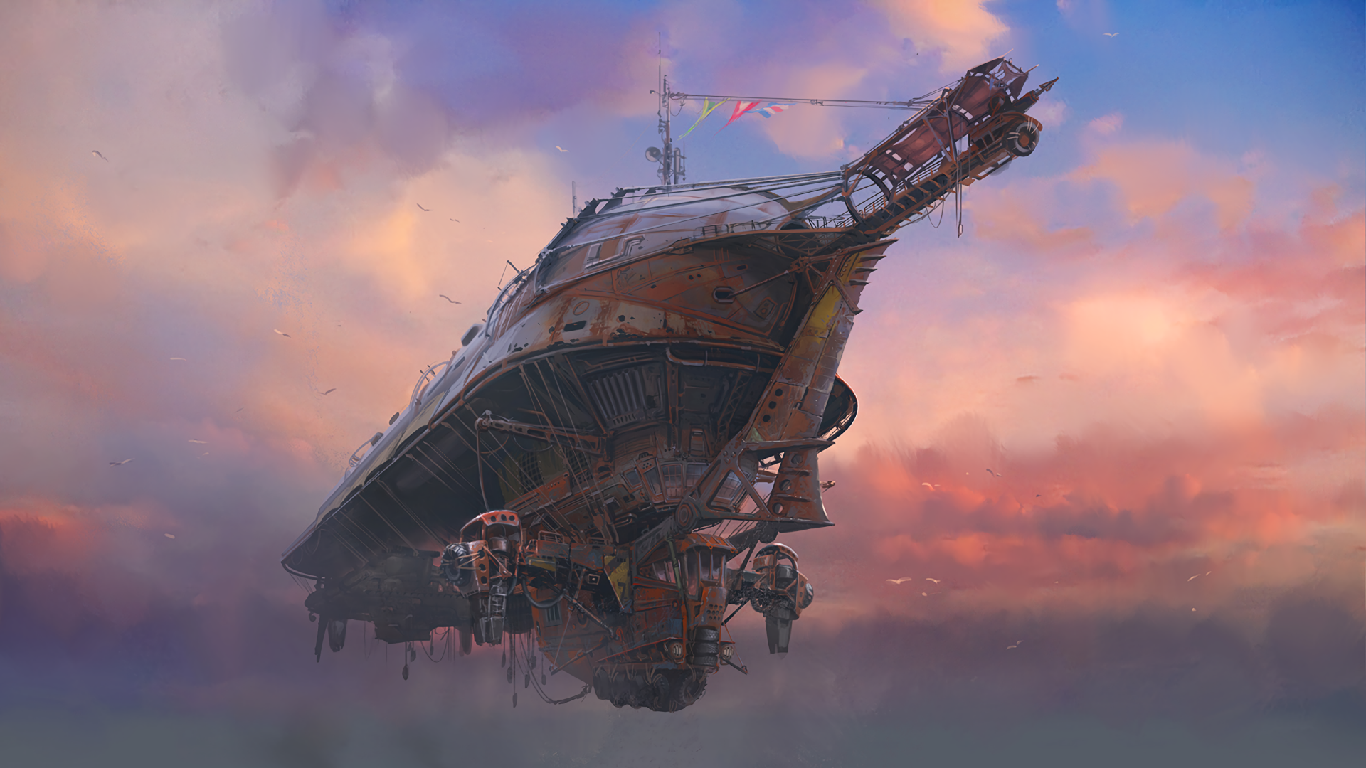 HD desktop wallpaper featuring a detailed, rusty airship set against a stunningly colorful sky, inspired by the video game Fallout 4.