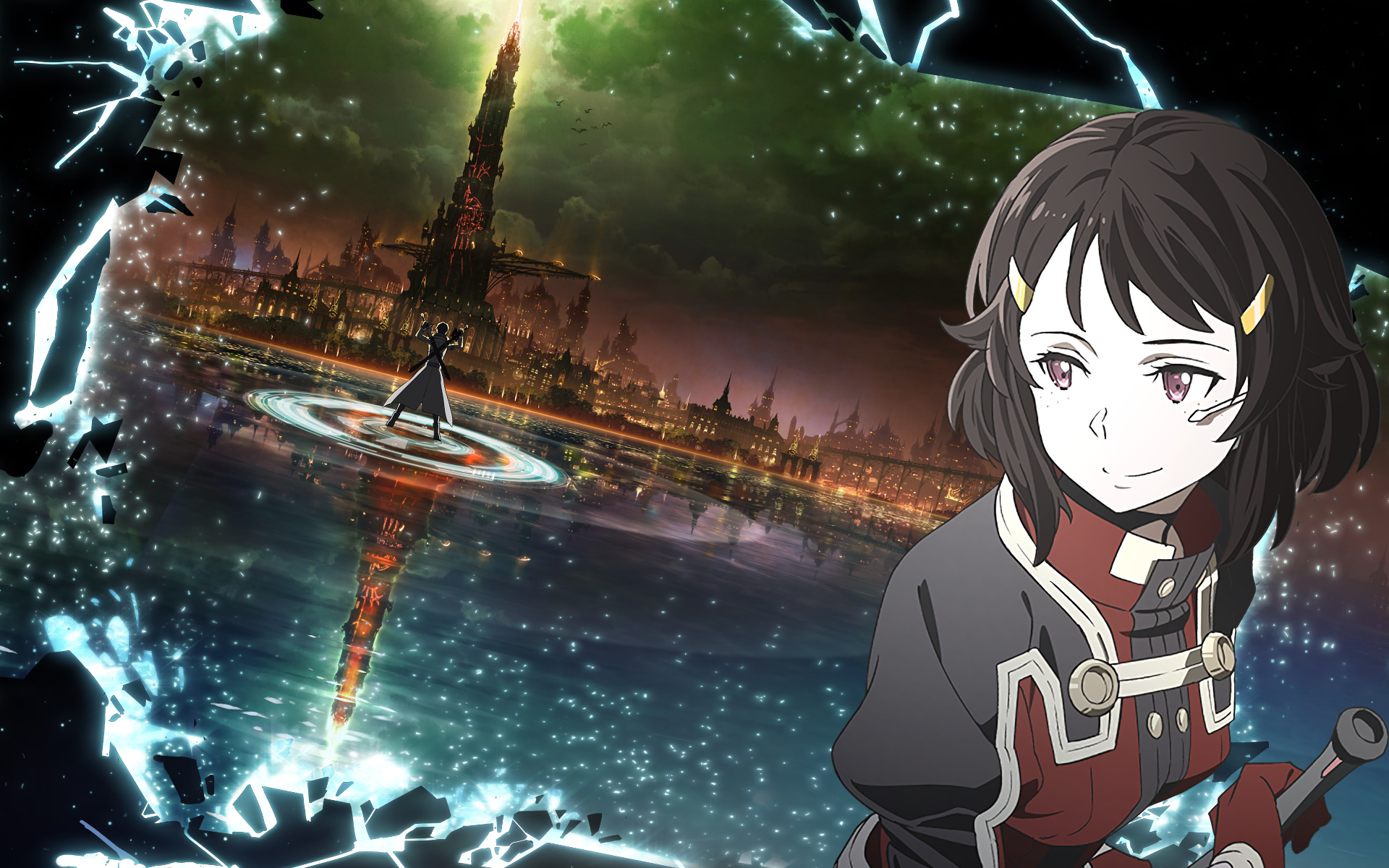 HD PC desktop wallpaper featuring Lisbeth (Rika Shinozaki) from Sword Art Online Ordinal Scale with a glowing cityscape and digital effects in the background.