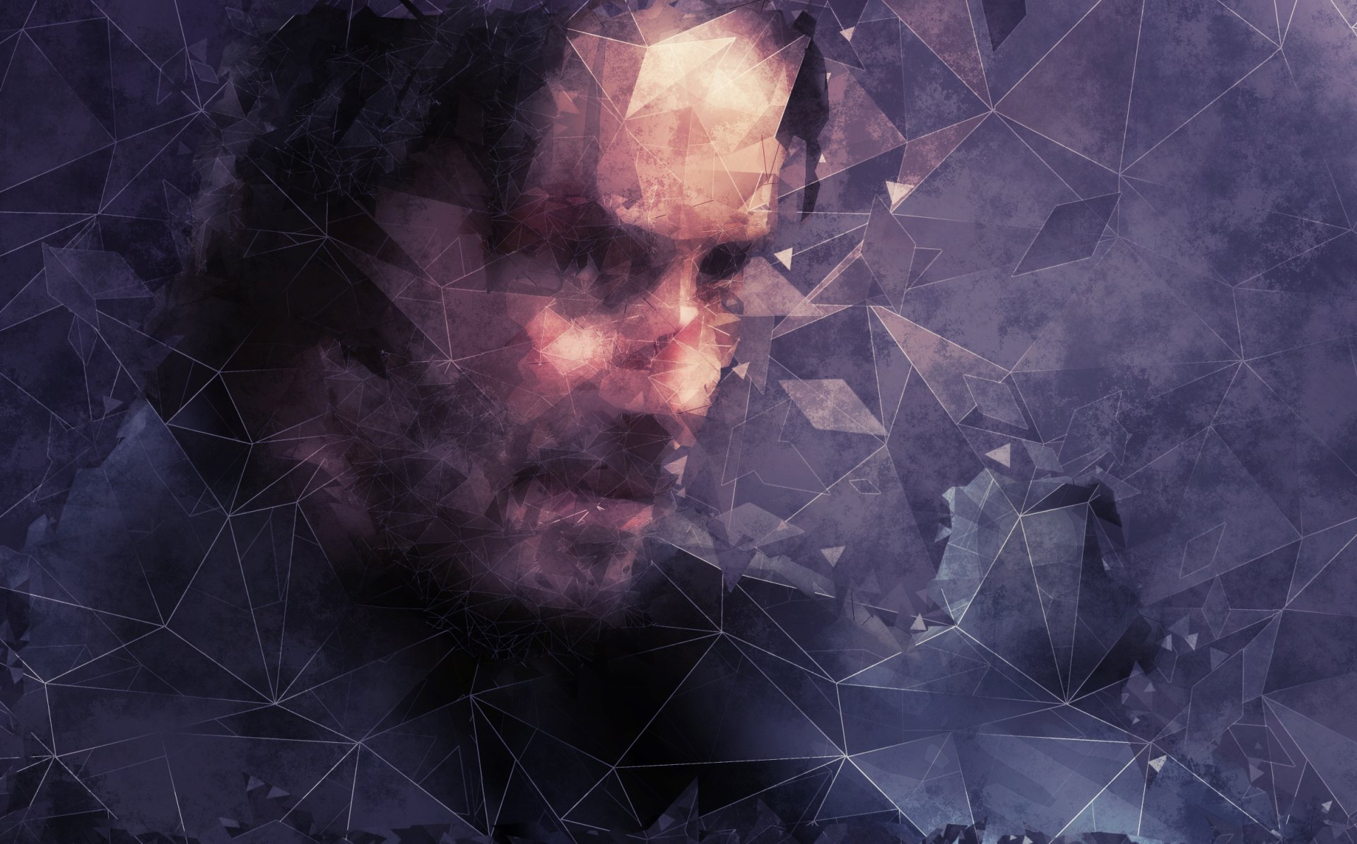 HD desktop wallpaper featuring a geometric, abstract portrayal of John Wick, with dark and intense purple hues.