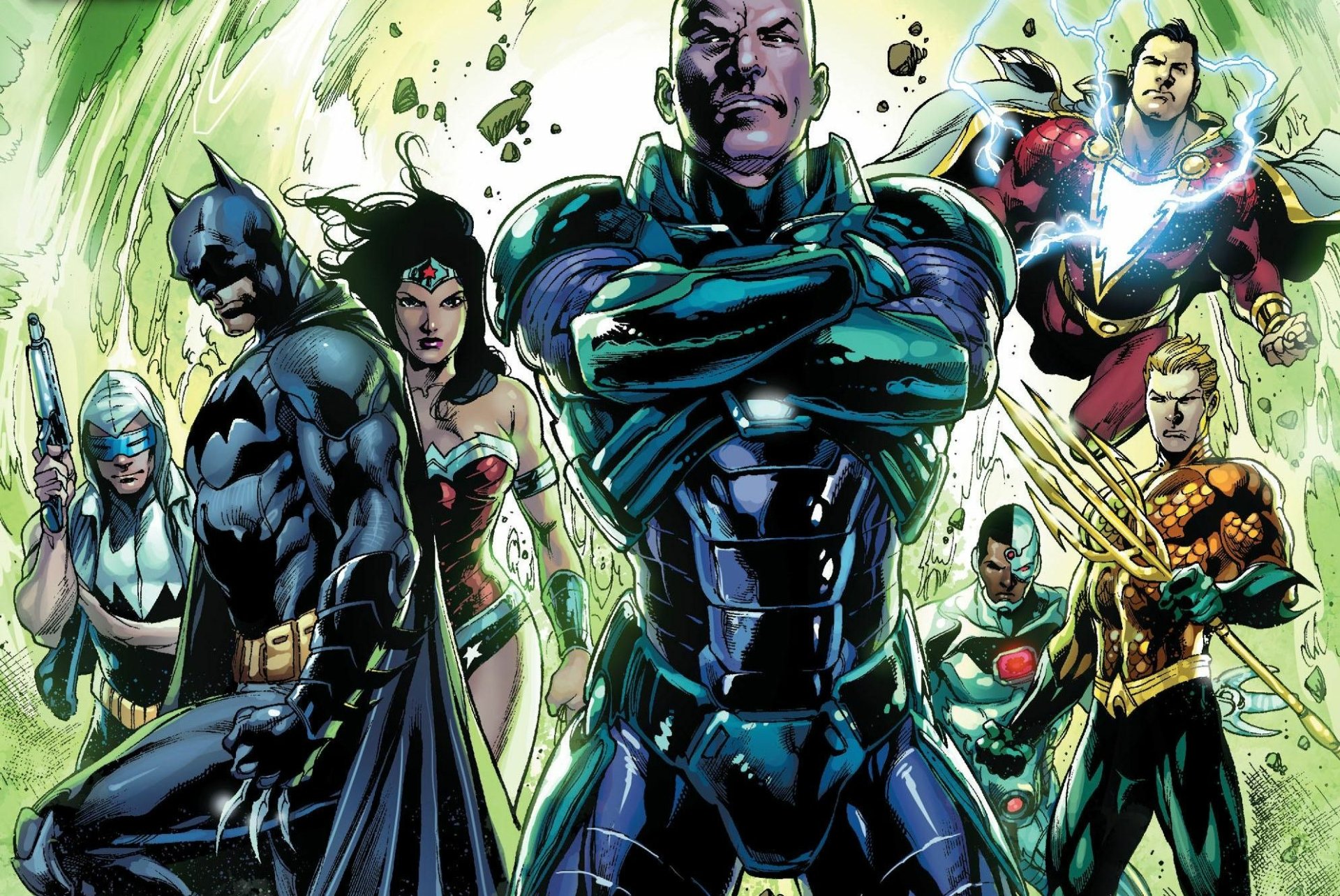 HD PC desktop wallpaper showcasing DC Comics' Justice League characters including Batman, Wonder Woman, Aquaman, Cyborg, Shazam, Captain Cold, Lex Luthor, and Billy Batson.