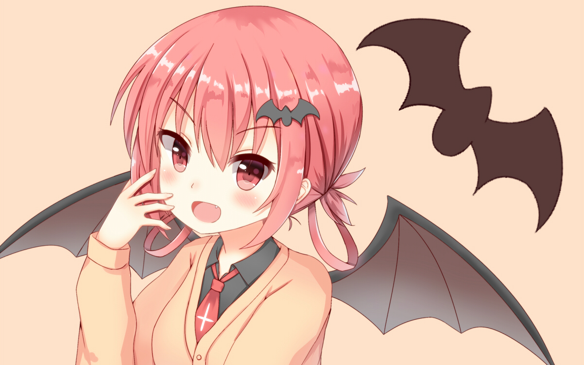 HD anime wallpaper of Satanichia Kurumizawa McDowell from Gabriel DropOut, featuring her with pink hair, bat wings, and a small bat silhouette in the background.