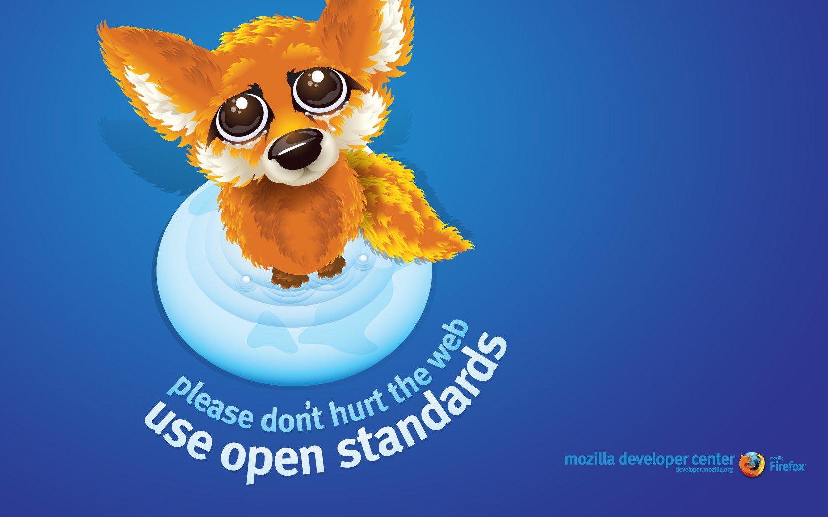 HD desktop wallpaper featuring Mozilla Firefox’s mascot, a cute orange fox, with a message promoting open web standards in internet browsing technology.