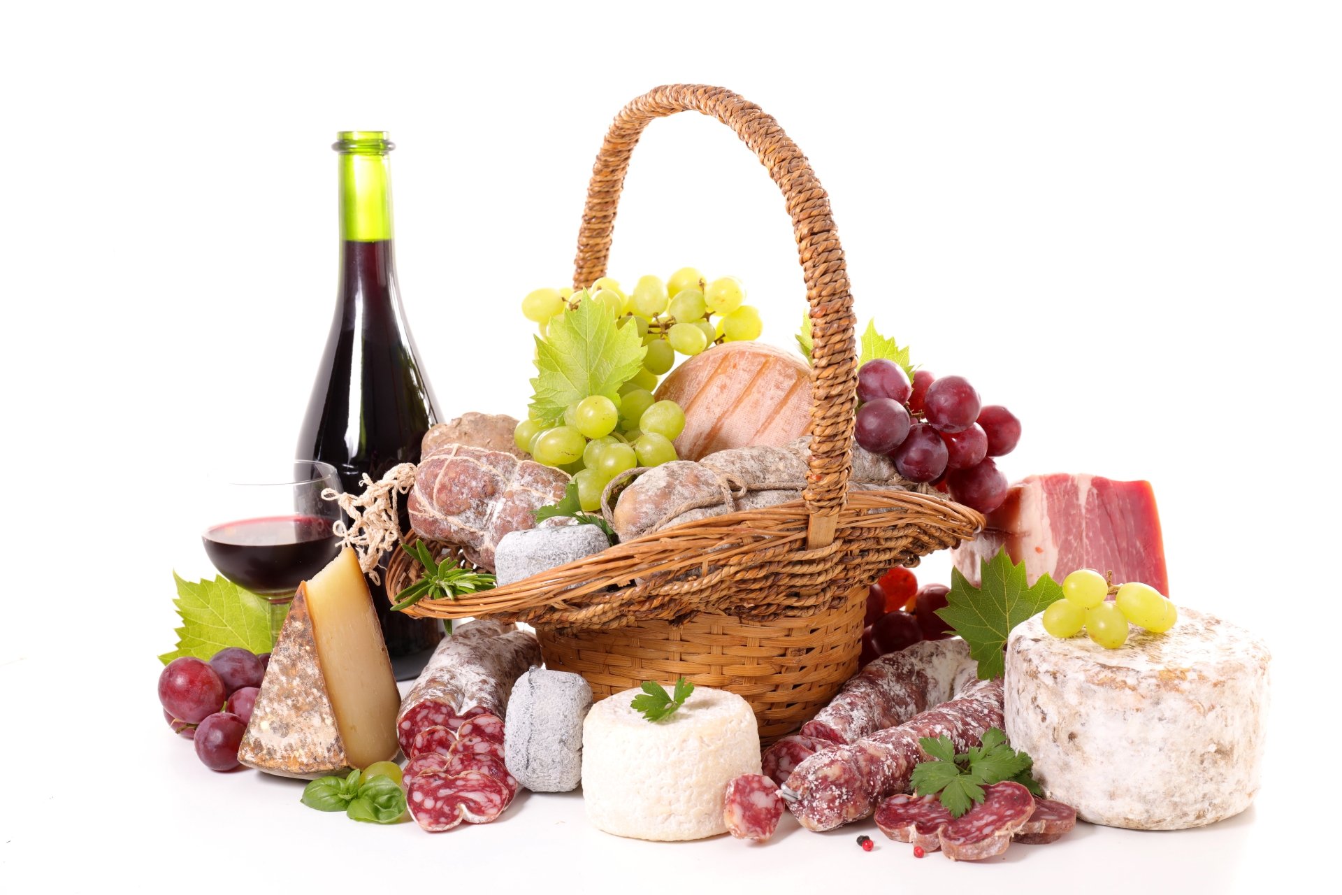 Download Grapes Wine Cheese Meat Basket Food Still Life 8k Ultra HD Wallpaper
