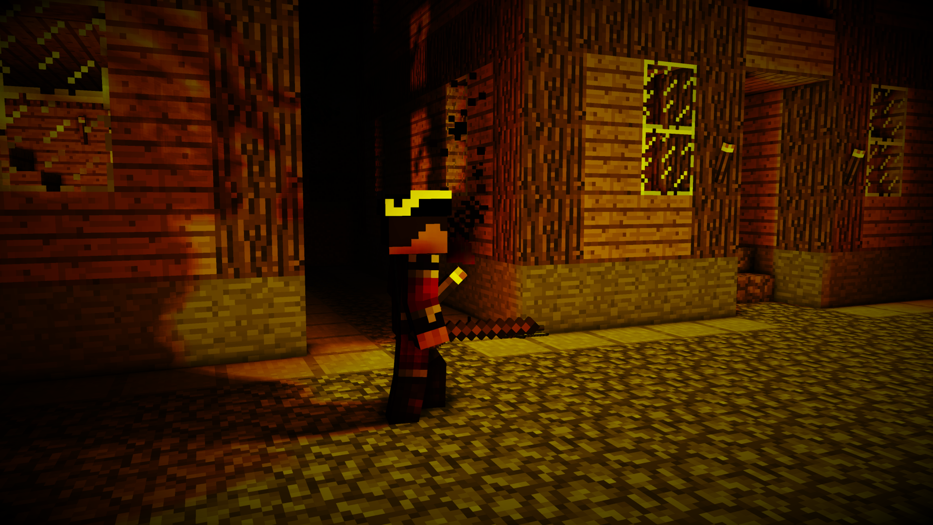 4K Ultra HD Minecraft scene showing a character holding a sword near a wooden house at night, rendered with detailed lighting and shadows for a PC desktop wallpaper.