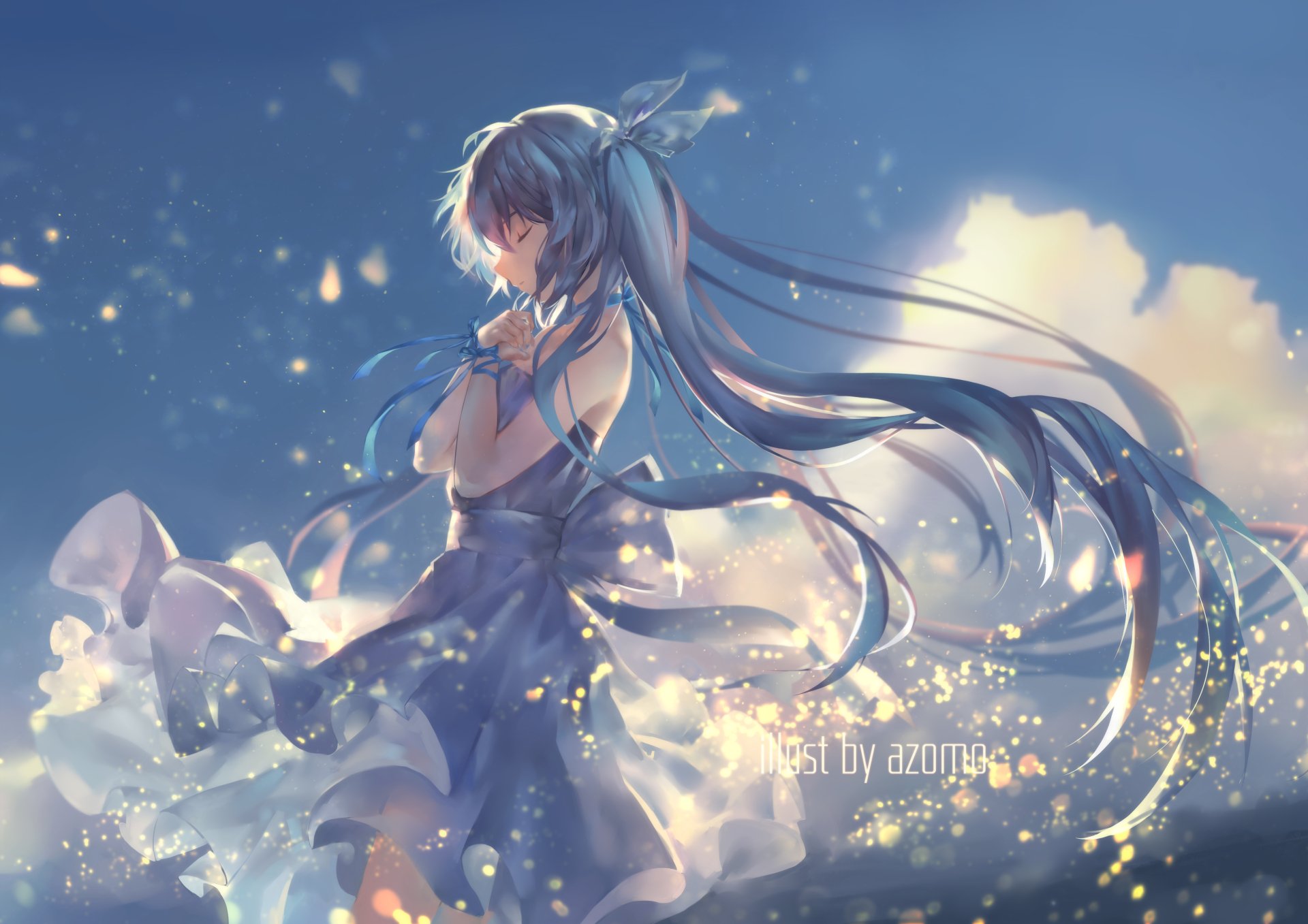 HD desktop wallpaper featuring Hatsune Miku, an anime and Vocaloid character, beautifully illustrated against a soft, glowing background with floating particles. Artwork by artist azami7.