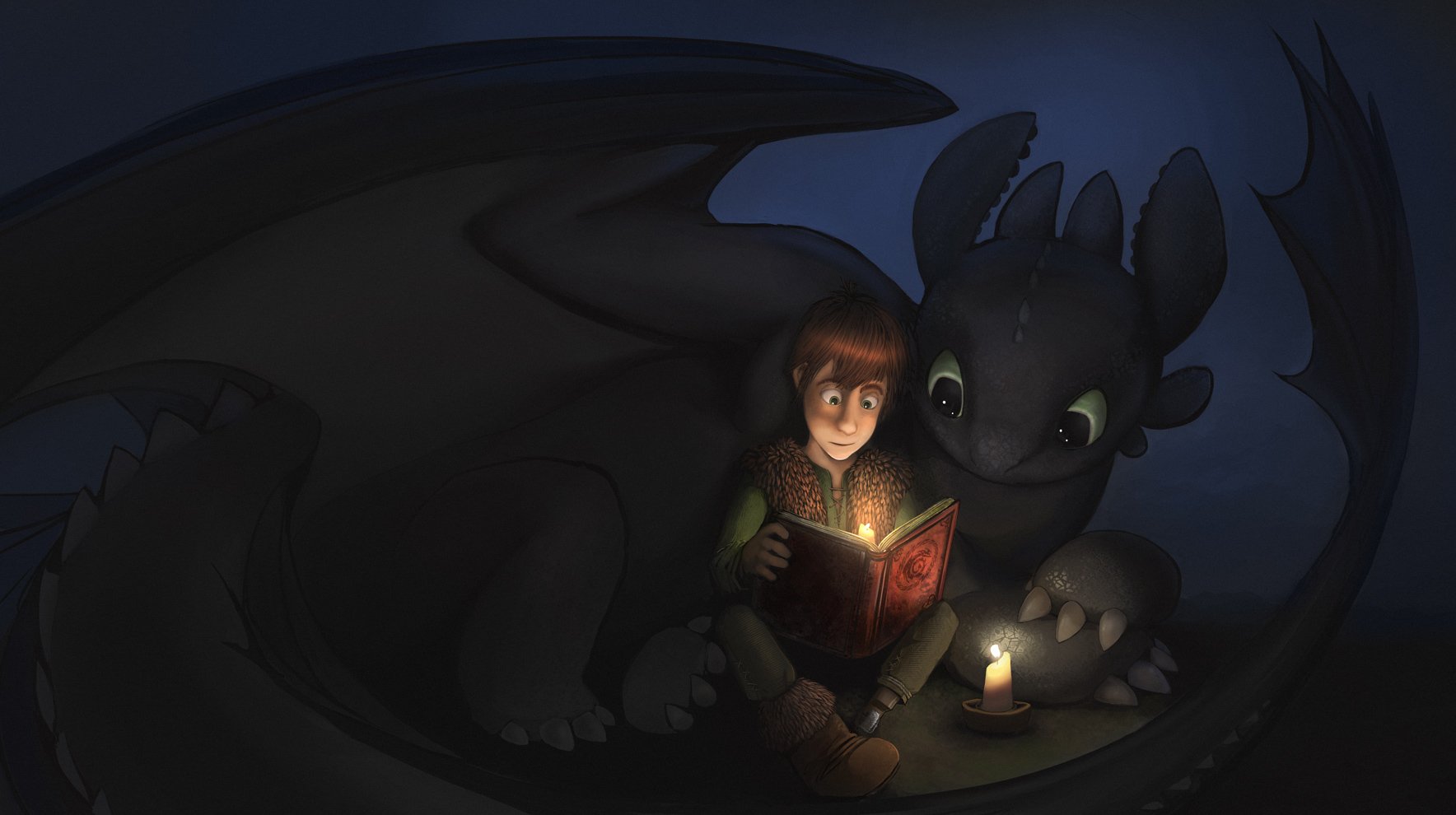 Hiccup and Toothless share a cozy moment in this HD wallpaper from *How to Train Your Dragon*, as they read a book together by candlelight in a dark setting.