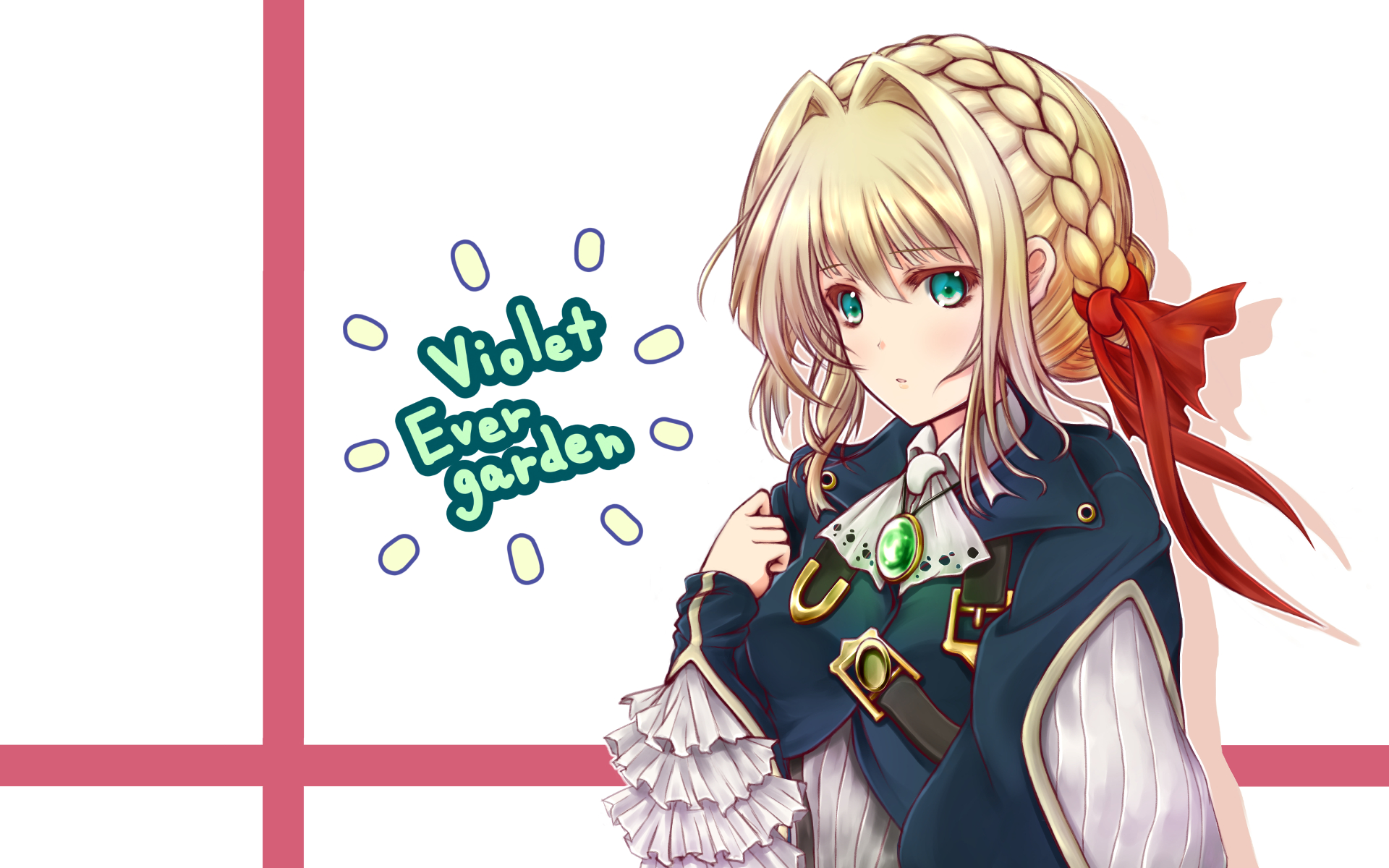 HD desktop wallpaper featuring Violet Evergarden, an anime character, with her name written in blue text. The background is simple with a white and pink grid.