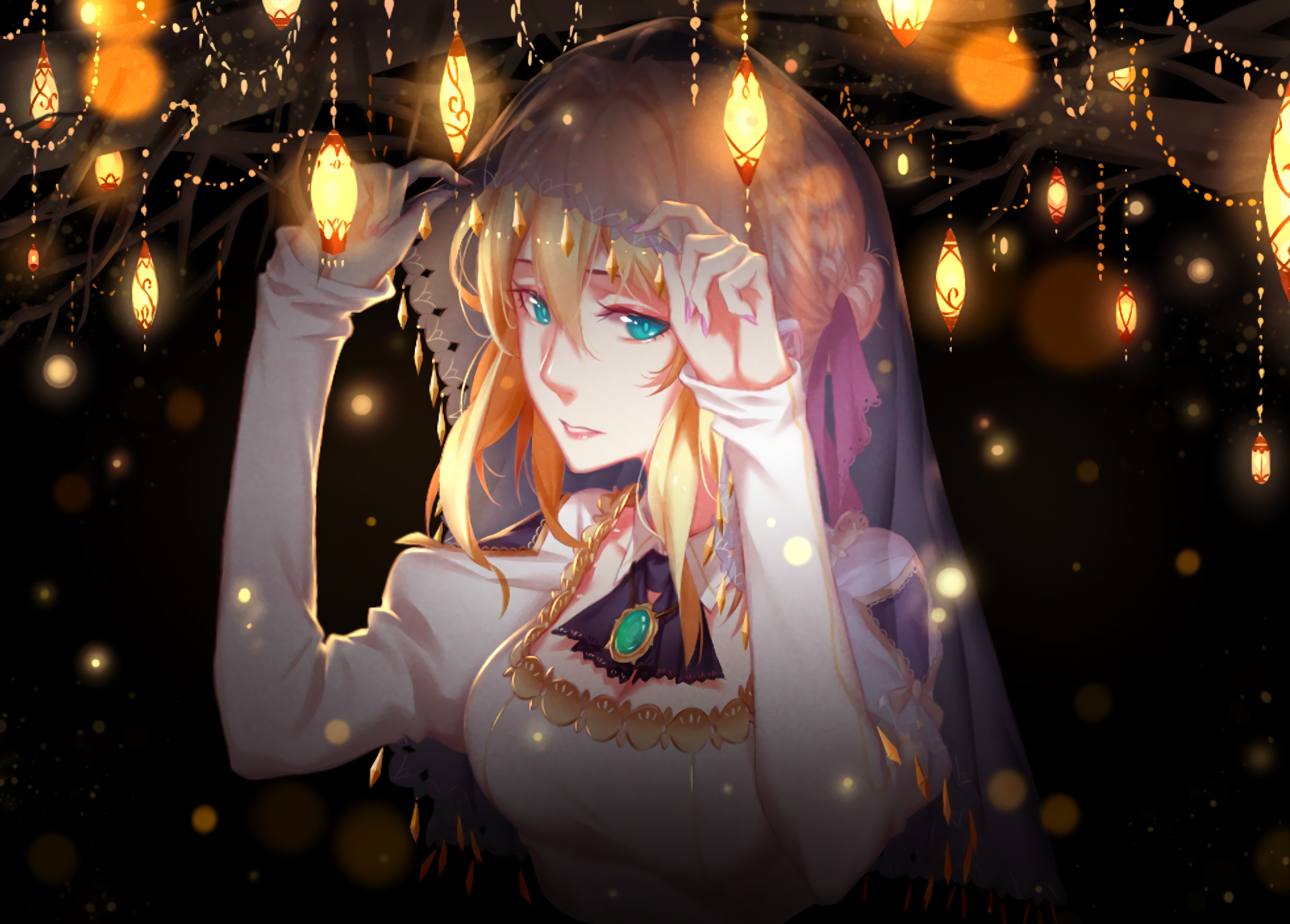 HD desktop wallpaper featuring the character Violet Evergarden from the anime Violet Evergarden, adorned in elegant attire with a backdrop of intricate hanging lights.