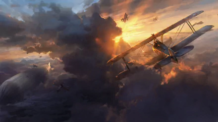 An HD desktop wallpaper of Battlefield 1 depicting an intense aerial battle with planes soaring through dramatic clouds at sunset.