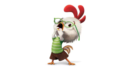 HD PC desktop wallpaper: Chicken Little (movie) — animated white chicken in green glasses and striped shirt, mouth open as if shouting, on a clean white background.