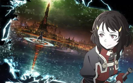 HD PC desktop wallpaper featuring Lisbeth (Rika Shinozaki) from Sword Art Online Ordinal Scale with a glowing cityscape and digital effects in the background.