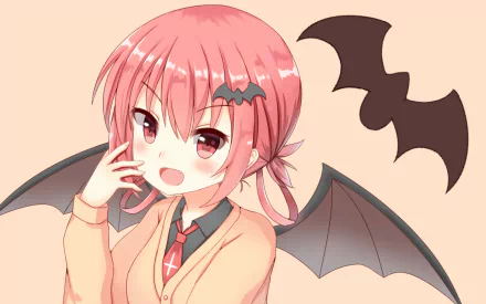 HD anime wallpaper of Satanichia Kurumizawa McDowell from Gabriel DropOut, featuring her with pink hair, bat wings, and a small bat silhouette in the background.