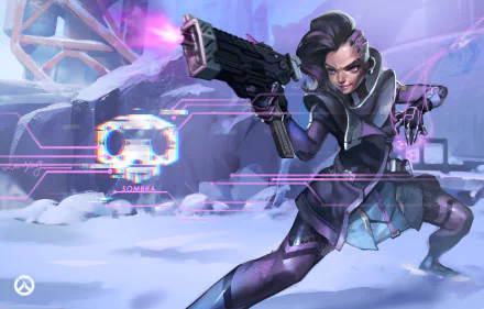 HD PC desktop wallpaper featuring Sombra from Overwatch in a dynamic pose with her weapon, set against a snowy, futuristic background.
