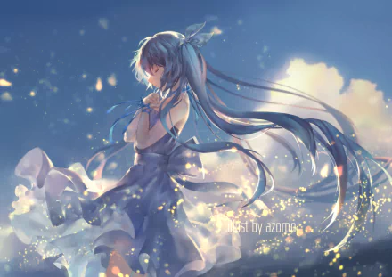 HD desktop wallpaper featuring Hatsune Miku, an anime and Vocaloid character, beautifully illustrated against a soft, glowing background with floating particles. Artwork by artist azami7.