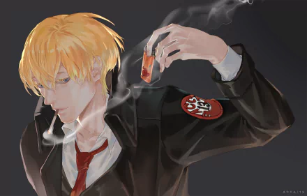 HD anime desktop wallpaper featuring a character from ACCA: 13-ku Kansatsu-ka with blonde hair, smoking, and holding a glass of liquor.