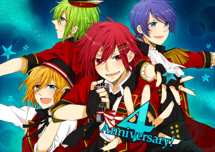 HD PC desktop wallpaper of anime group Marginal#4: Kiss kara Tsukuru Big Bang — four colorful band members in stage outfits pose against a starry teal background with Anniversary star
