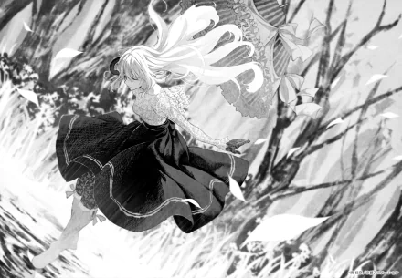 Monochrome HD wallpaper featuring Violet Evergarden, the anime character, in a dynamic pose amidst falling petals and a forest-like background.