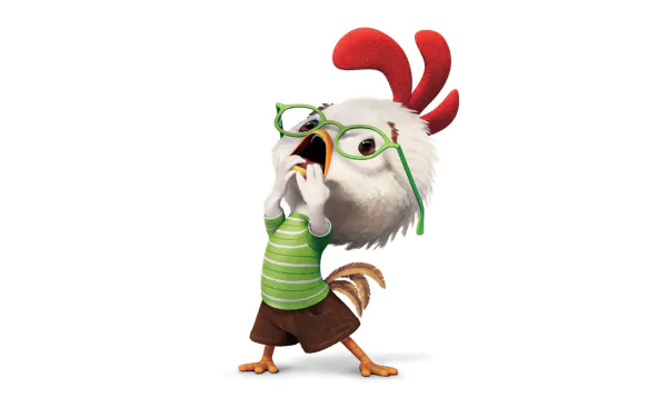 HD PC desktop wallpaper: Chicken Little (movie) — animated white chicken in green glasses and striped shirt, mouth open as if shouting, on a clean white background.