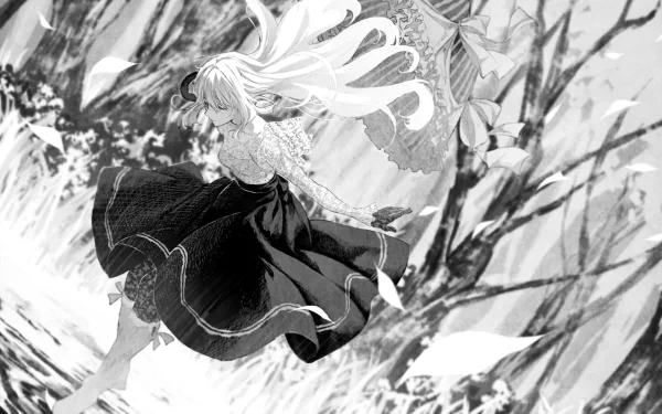 Monochrome HD wallpaper featuring Violet Evergarden, the anime character, in a dynamic pose amidst falling petals and a forest-like background.