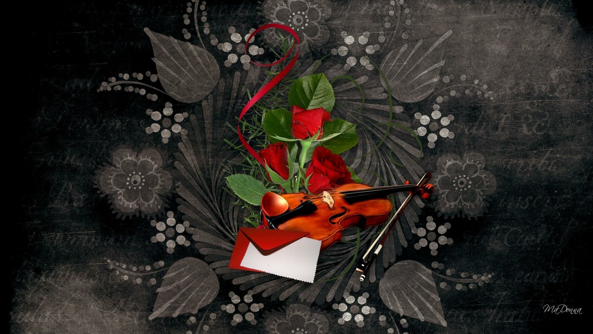 An artistic HD desktop wallpaper featuring a violin, red roses, a love letter, and intricate floral details, capturing the essence of Valentine's Day and romance.