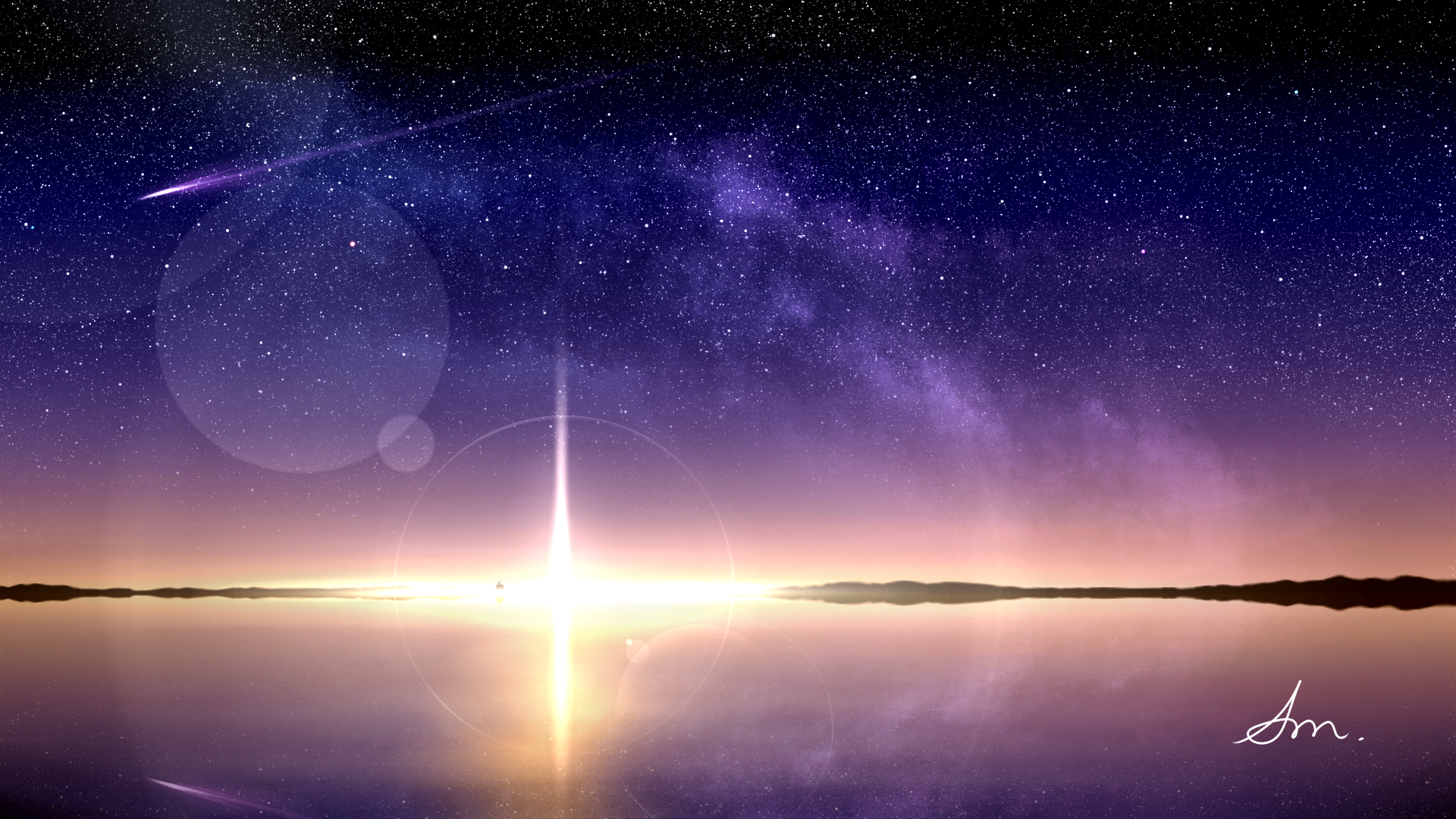 HD anime desktop wallpaper featuring a serene, reflective water surface under a starlit twilight sky with a radiant sunrise.
