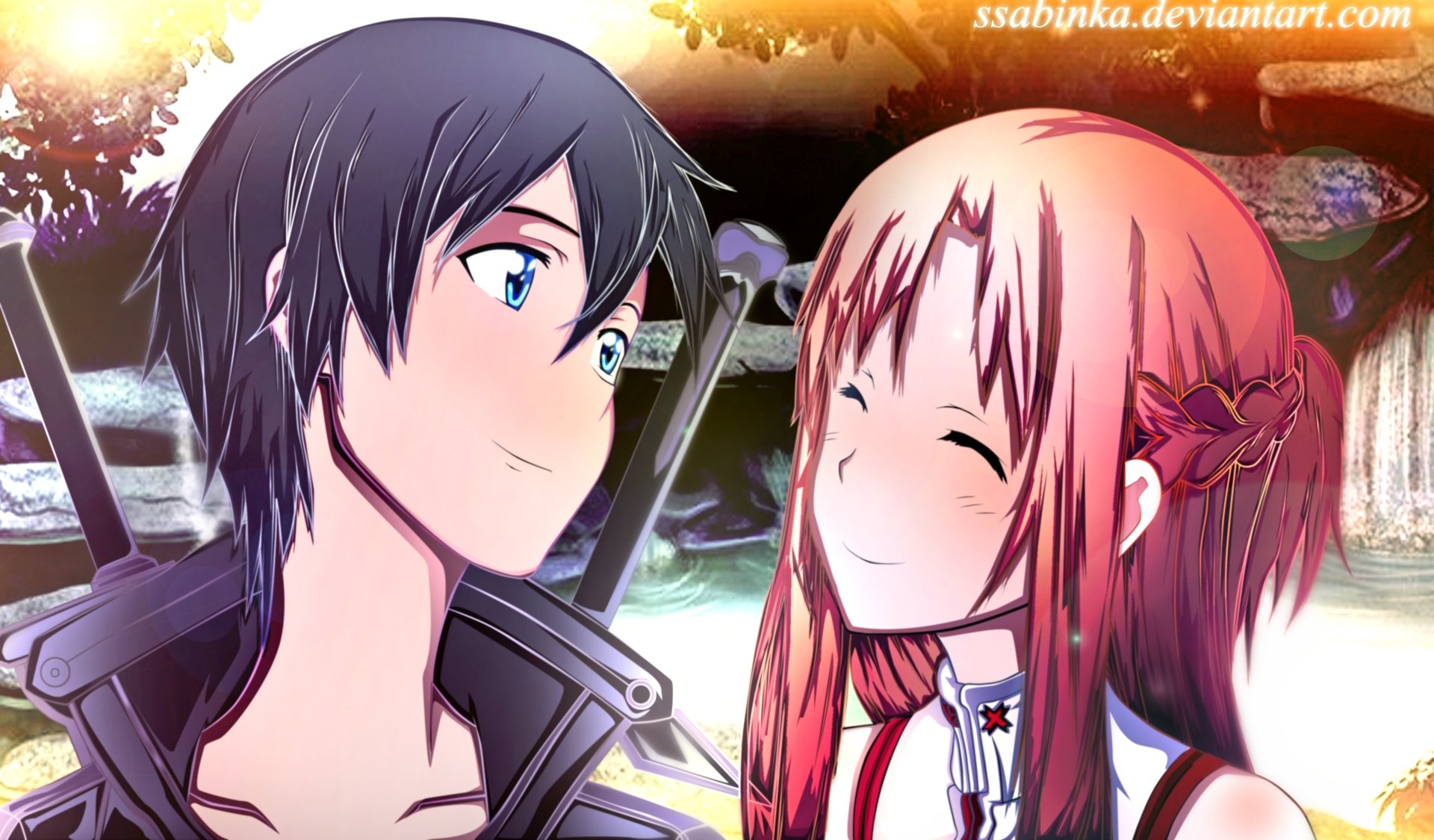 Anime-style Sword Art Online scene featuring two characters sharing a warm moment, rendered in vibrant colors as a 4K Ultra HD PC desktop wallpaper.