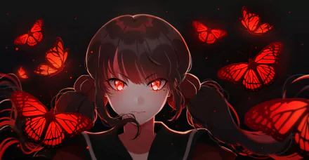 HD wallpaper featuring a character from Danganronpa V3: Killing Harmony, surrounded by vivid red butterflies, exuding an intense and captivating energy.