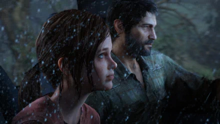HD PC desktop wallpaper featuring Ellie and Joel from the video game The Last of Us, shown in a rain-soaked, intense moment.