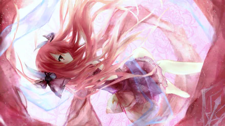HD desktop wallpaper of Kotori Itsuka from the anime Date A Live, featuring her with flowing red hair and a vibrant background filled with pink and red hues.