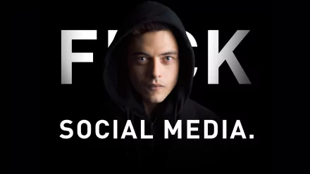HD PC desktop wallpaper featuring a character from the TV show Mr. Robot with bold text expressing disdain for social media.