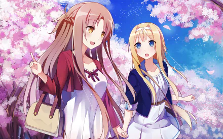 HD desktop wallpaper featuring anime characters Alice Zuberg and Asuna Yuuki from Sword Art Online: Alicization. They are depicted in a vibrant setting with cherry blossoms in the background.