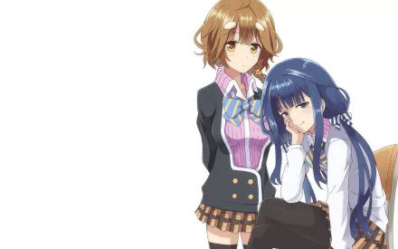 HD PC desktop wallpaper featuring Yoshino Koiwai and Aki Adagaki from the anime Masamune-kun's Revenge, showcasing the characters in detailed school uniforms.