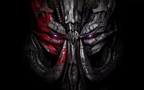 HD desktop wallpaper and background featuring a dark, menacing face with glowing purple eyes from the movie Transformers: The Last Knight.
