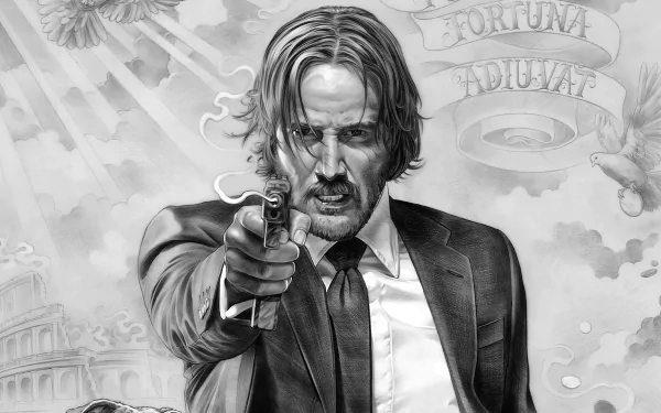 Black and white HD desktop wallpaper of Keanu Reeves as John Wick from Chapter 2, aiming a gun with intense focus.
