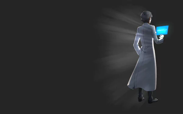 HD PC desktop wallpaper featuring Kayaba Akihiko from the anime Sword Art Online, depicted with a glowing laptop against a dark background.