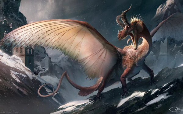 A majestic fantasy dragon with prominent horns stands on a snowy landscape, wings unfurled against a dramatic backdrop, featured as a stunning 4K Ultra HD desktop wallpaper.