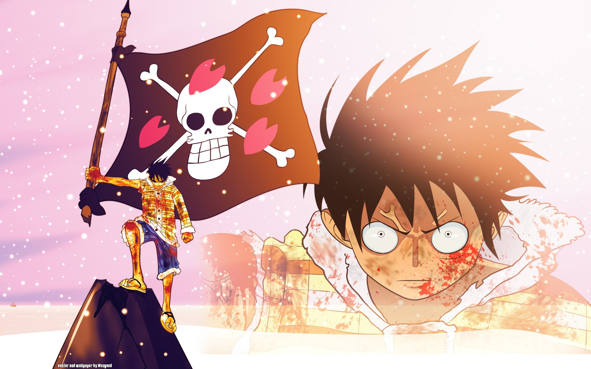 HD wallpaper of Monkey D. Luffy from One Piece, holding a pirate flag with a fierce expression in the background, set in a dramatic scene with falling snowflakes.