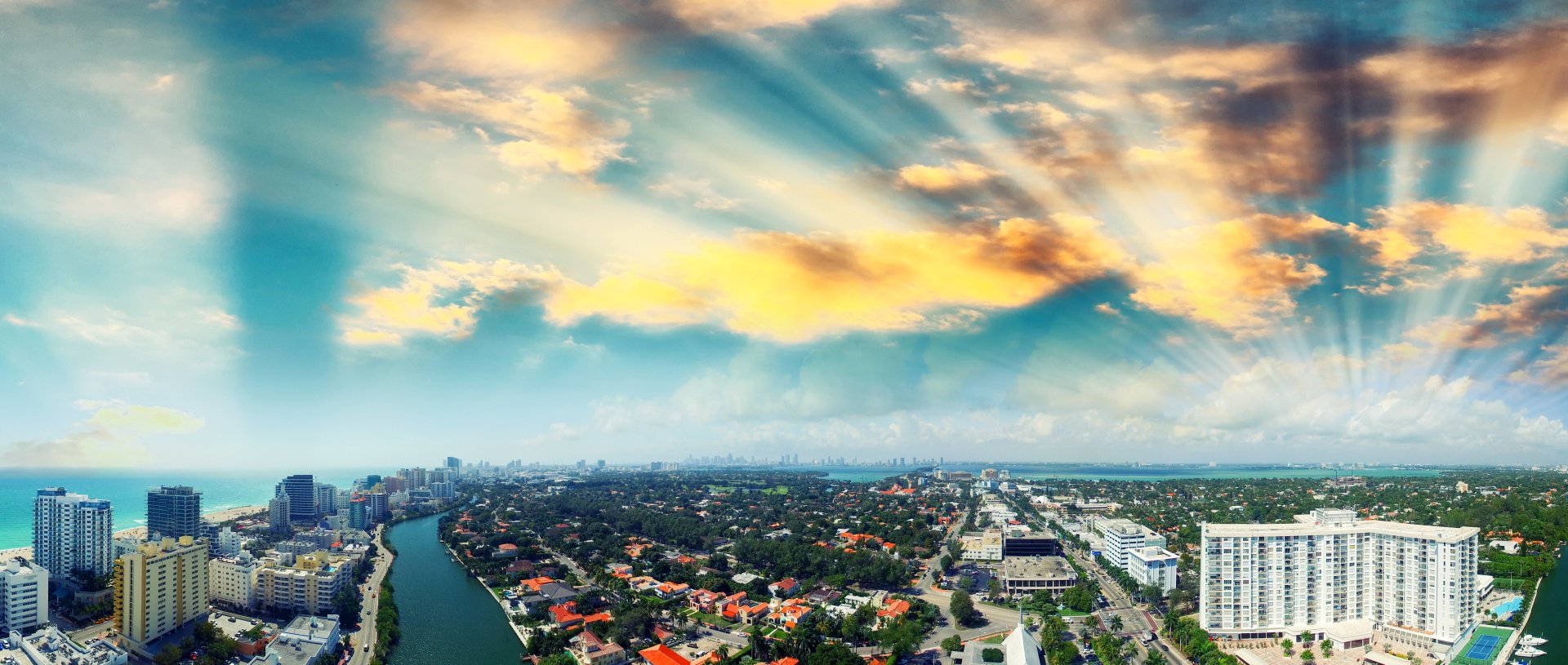 Download Sky Sunset City Ocean Aerial Panorama Man Made Miami 4k Ultra HD Wallpaper