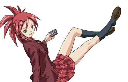 Kazumi Asakura (Negima!) — red-haired schoolgirl in maroon jacket and plaid skirt, reclining midair with a small device. 5K Ultra HD PC desktop wallpaper.