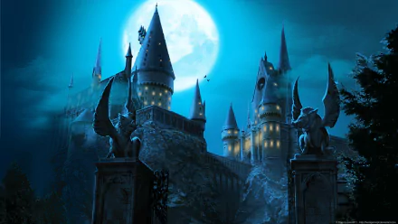 HD desktop wallpaper featuring Hogwarts Castle from the Harry Potter movies, illuminated by a full moon in a mystical, night-time scene.