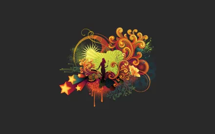 Abstract HD wallpaper featuring colorful artistic swirls and patterns with silhouette of a person on a dark background.