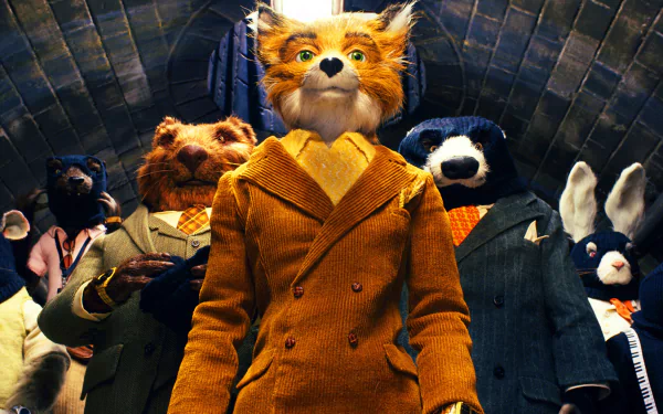 HD PC desktop wallpaper/background from the movie Fantastic Mr. Fox: Mr. Fox in a mustard suit stands center with his animal allies behind him in a stylized stop-motion scene.
