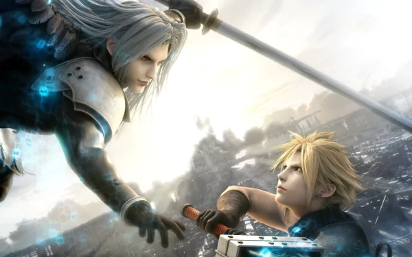 HD PC desktop wallpaper of Cloud Strife and Sephiroth from Final Fantasy VII: Advent Children, locked in a dramatic midair clash over a stormy, ruined cityscape.