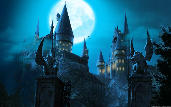 HD desktop wallpaper featuring Hogwarts Castle from the Harry Potter movies, illuminated by a full moon in a mystical, night-time scene.